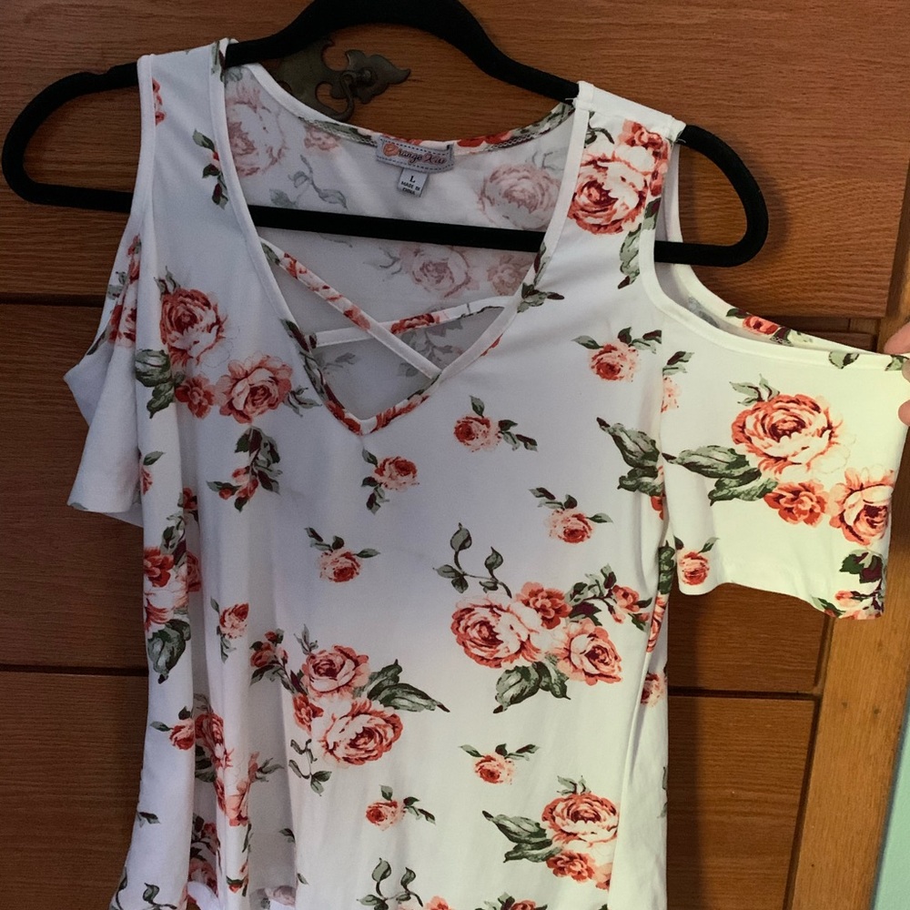White floral shoulder cut out top